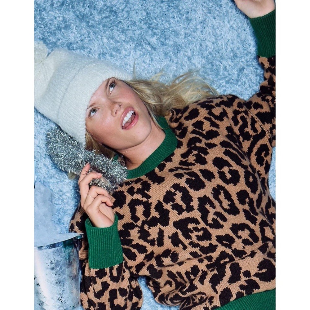 Aerie Softest Luxe Crew Sweater Beach Dune Leopard Print Oversized